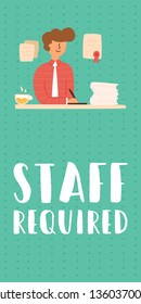 Vector Flat young guy in a suit signs documents. Sits at the table holding a pen diploma searching for a good employee. Staff required