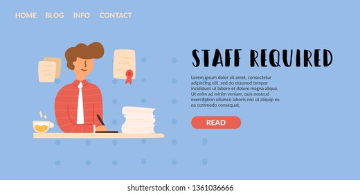 Vector Flat young guy in a suit signs documents. Sits at the table holding a pen diploma searching for a good employee. Staff required