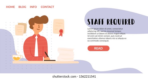 Vector Flat young guy in a suit signs documents. Sits at the table holding a pen diploma searching for a good employee. Staff required