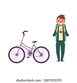 vector flat young man hiking tourist smiling wearing backpack near bicycle. Active lifestyle, travelling and adventure concept. Isolated illustration on a white background.