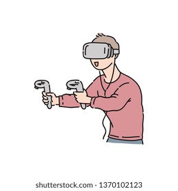 Vector flat young man playing in virtual reality headset holding VR controller or joystick. Smiling male character in VR goggless enjoying cyberspace. Modern visual technologies concept.