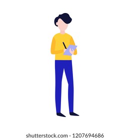 Vector flat young man standing making notes holding paper and pen. Buiness man, manager or superviser or interviewer. Male character, journalist writing down some informationg.