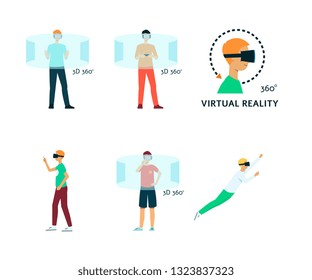 Vector flat young man in virtual reality headset in 360 degrees simulation set. Smiling male characters in VR goggless enjoying cyberspace. Modern visual technologies concept.