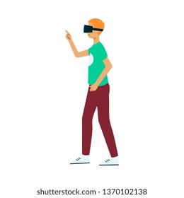 Vector flat young man in virtual reality headset pointing something out by finger. Smiling male character in VR goggless enjoying cyberspace. Modern visual technologies concept.