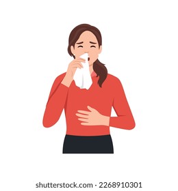 Vector flat young sick girl suffering from rhinitis, holding napkins, facial tissues, blowing her nose, sneezing. Flat vector illustration isolated on white background