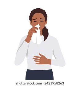 Vector flat young sick girl suffering from rhinitis, holding napkins, facial tissues, blowing her nose, sneezing. Flat vector illustration isolated on white background
