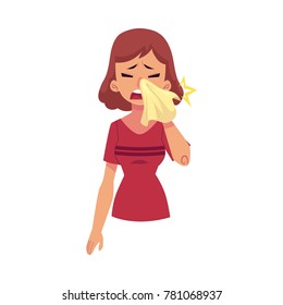 Vector flat young sick girl suffering from rhinitis, holding napkins, facial tissues, blowing her nose, sneezing. Cartoon isolated illustration on a white background. Illness ,disease symptoms concept