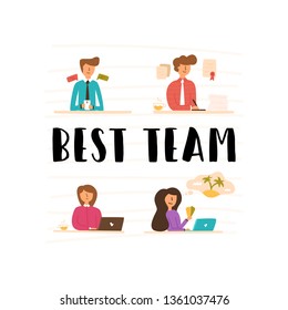 Vector Flat young team of young professionals guy holding a smartphone in his hands and a girl at the computer. Sign documents to the best team.