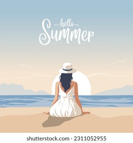 Vector Flat Young Tourist Woman Sitting on the Beach, Enjoying the Resort, Relaxing on Seaside Sand Beach in Summer Season, Back View. Hello Summer Concept. Blue Ocean Scenic View Background