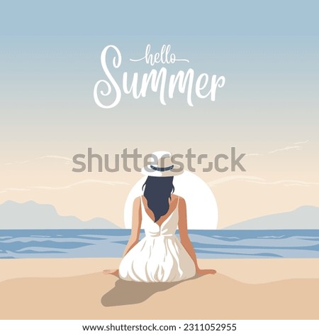 Vector Flat Young Tourist Woman Sitting on the Beach, Enjoying the Resort, Relaxing on Seaside Sand Beach in Summer Season, Back View. Hello Summer Concept. Blue Ocean Scenic View Background