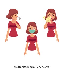 Vector flat young woman with illness set. One girl wearing protection mask, another suffering from runny nose and cough. Cartoon isolated illustration on a white background. Illness disease symptoms