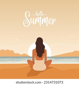 Vector Flat Young Woman Sitting at Sunset on the Beach, Enjoying the Resort, Relaxing on Seaside Sand Beach in Summer Season, Back View. Hello Summer Concept. Blue Ocean Scenic View Background