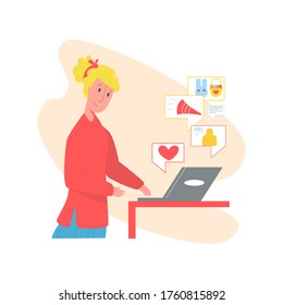 Vector flat young woman who communicates via social networks, congratulates, likes. Concept interaction with world online shopping, remote work. It can be used in web design, landing pages, etc.