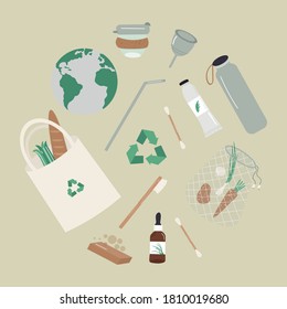 Vector flat zero waste round concept in cartoon style. Set of lifestyle items zero waste on white background. Reusable things, recycling sign, green products and cosmetics. Nice flat illustration.