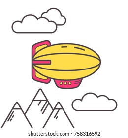 Vector flate linear cute little airchip flyin under mountains in the sky with clouds. Zeppelin, icon style. Bright color