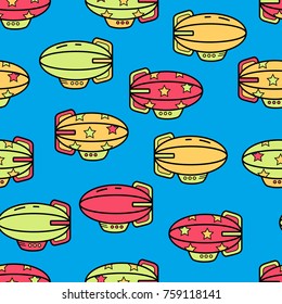 Vector flate linear cute little airchip. Zeppelin, icon style. Seamless pattern, bright colors.