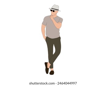 Vector de un hombre de cara plana con una camiseta gris, gafas oscuras y pantalones marrones.  Modelo masculino concepto de fondo de moda.