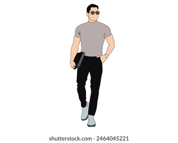 Vector de un hombre masculino de cara plana con una camiseta gris, gafas oscuras y pantalones negros.  Modelo masculino concepto de fondo de moda.