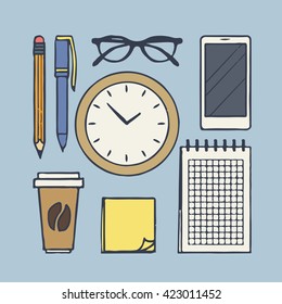 Vector flatlay illustration of office supplies. Office stuff collection set. Glasses, notebook, pen, pencil, coffee, clock and smartphone. 