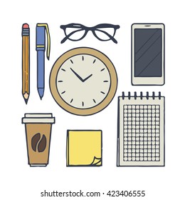 Vector flatlay illustration of office supplies. Office stuff collection set. Glasses, notebook, pen, pencil, coffee, clock and smartphone. 
