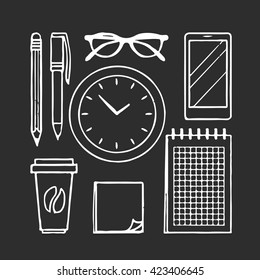 Vector flatlay illustration of office supplies. Office stuff collection set. Glasses, notebook, pen, pencil, coffee, clock and smartphone. 