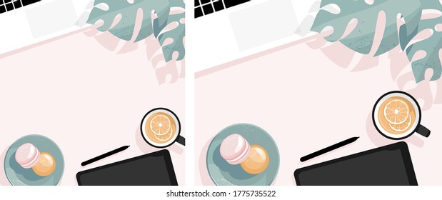 Vector flatlay with laptop, plate with macarons, cup of tea and monstera leaves