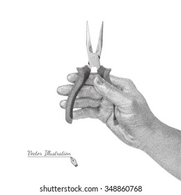 Vector Flat-nose pliers in hand in black and white graphic style pointillism