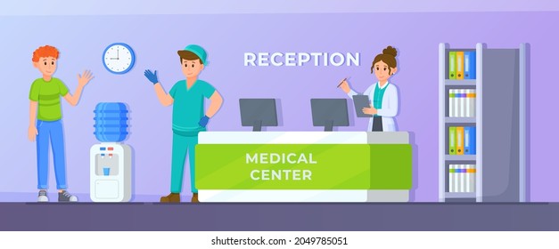 Vector flat-panel illustration. Modern interior of the hospital waiting room with furniture and equipment. 