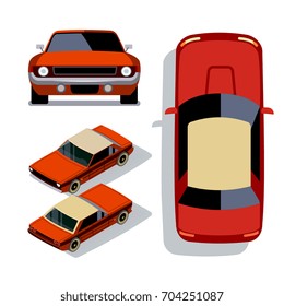 Vector Flat-style Cars In Different Views. Red Muscle Car Sedan Isometric 3d View Illustration