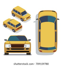 Vector flat-style cars in different views. Yellow isometric suv car illustration