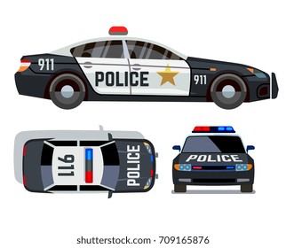 Vector flat-style cars in different views. Police car security vehicle with siren illustration