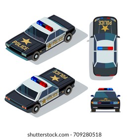 Vector flat-style cars in different views. Isometric police car transport patrol top and front view illustration
