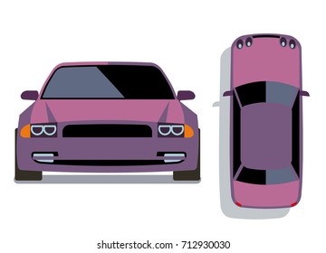 Vector flat-style cars in different views. Lilac car front illustration