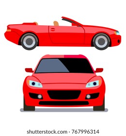 Vector flat-style cars in different views. Red cabriolet transport, illustration of modern machine