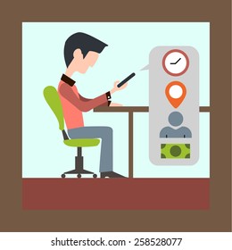 Vector flat-style illustration of man with smartphone and multitask bubble with icons
