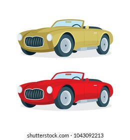 Vector flat-style vintage cars in different colors. Red and gold cabriolet transport. Vintage Car illustration.