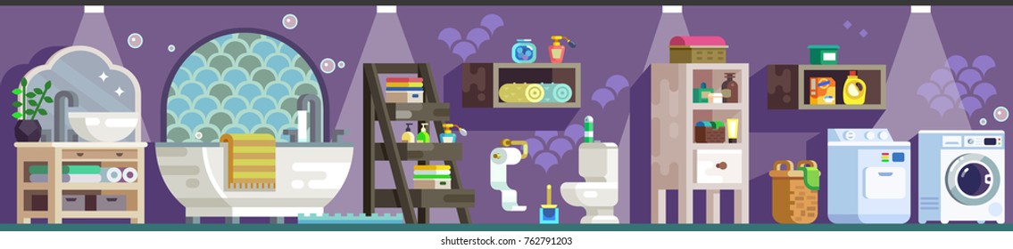 Vector flat-styled illustration of purple bathroom interior with furniture