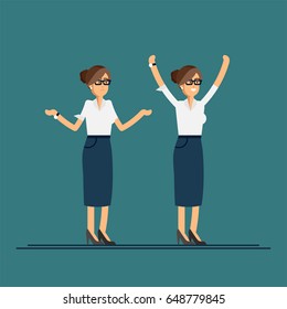 Vector flatt illustration of character in good and bad mood. Business woman showing happy and sad feeling emotions