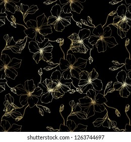 Vector. Flax floral botanical flower. Spring leaf wildflower. Engraved ink art. Seamless pattern on black background. Fabric wallpaper print texture.