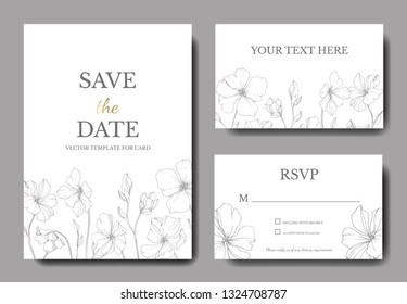 Vector Flax floral botanical flower.Black and white engraved ink art. Wedding background card floral decorative border. Thank you, rsvp, invitation elegant card illustration graphic set banner.