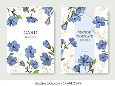 Vector Flax floral botanical flowers. Blue and green engraved ink art. Wedding background card floral decorative border. Thank you, rsvp, invitation elegant card illustration graphic set banner.