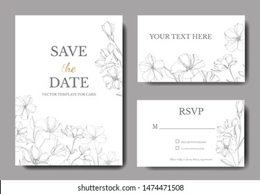 Vector Flax Floral Botanical Flowers. Gray Engraved Ink Art. Wedding Background Card Floral Decorative Border. Thank You, Rsvp, Invitation Elegant Card Illustration Graphic Set Banner.