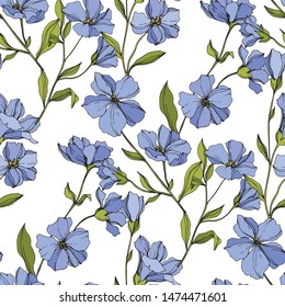 Vector Flax floral botanical flowers. Wild spring leaf wildflower isolated. Blue and green engraved ink art. Seamless background pattern. Fabric wallpaper print texture.