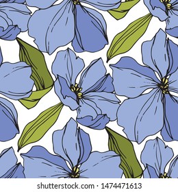 Vector Flax floral botanical flowers. Wild spring leaf wildflower isolated. Blue and green engraved ink art. Seamless background pattern. Fabric wallpaper print texture.