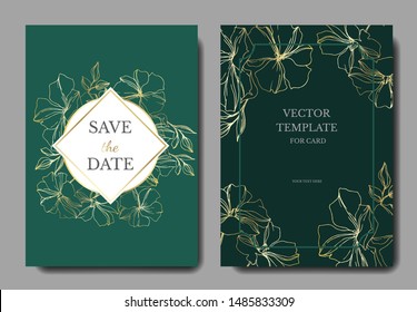 Vector Flax floral botanical flowers. Golden engraved ink art. Wedding background card floral decorative border. Thank you, rsvp, invitation elegant card illustration graphic set banner.