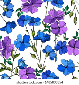 Vector Flax floral botanical flowers. Wild spring leaf wildflower isolated. Blue and violet engraved ink art. Seamless background pattern. Fabric wallpaper print texture.