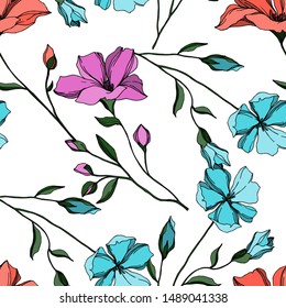 Vector Flax floral botanical flowers. Wild spring leaf wildflower isolated. Black and white engraved ink art. Seamless background pattern. Fabric wallpaper print texture.