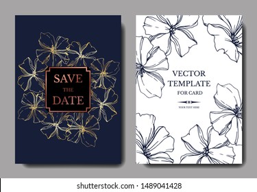 Vector Flax floral botanical flowers. Black and white engraved ink art. Wedding background card floral decorative border. Thank you, rsvp, invitation elegant card illustration graphic set banner.