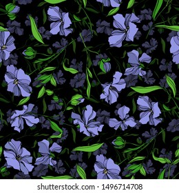 Vector Flax floral botanical flowers. Wild spring leaf wildflower isolated. Black and white engraved ink art. Seamless background pattern. Fabric wallpaper print texture.