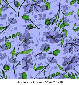 Vector Flax floral botanical flowers. Wild spring leaf wildflower isolated. Black and white engraved ink art. Seamless background pattern. Fabric wallpaper print texture.